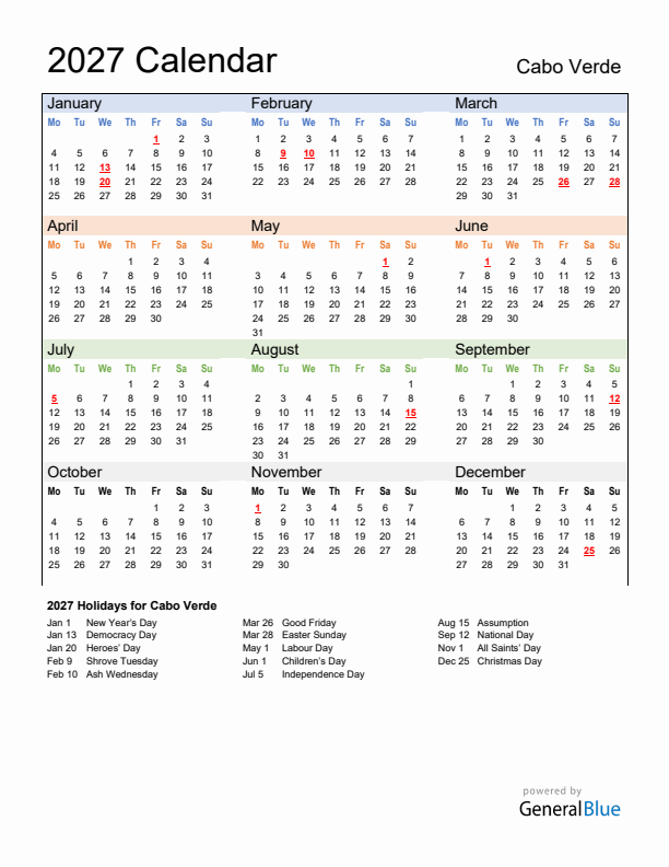 Calendar 2027 with Cabo Verde Holidays