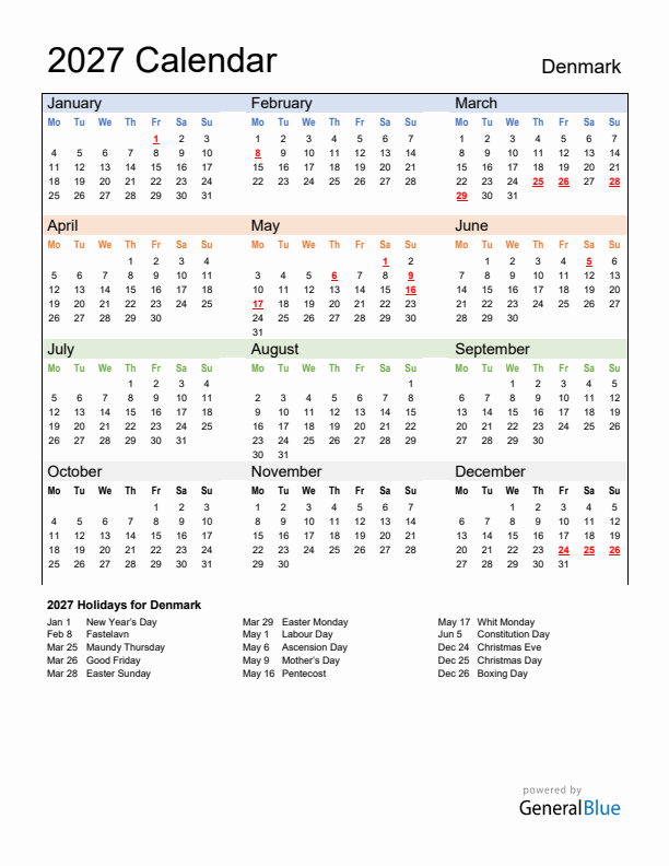 Calendar 2027 with Denmark Holidays