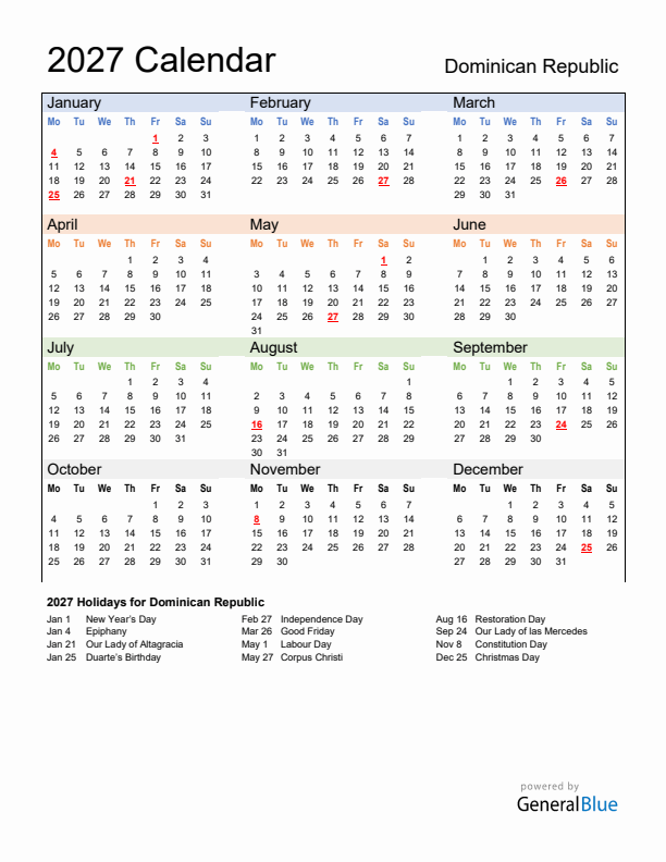 Calendar 2027 with Dominican Republic Holidays