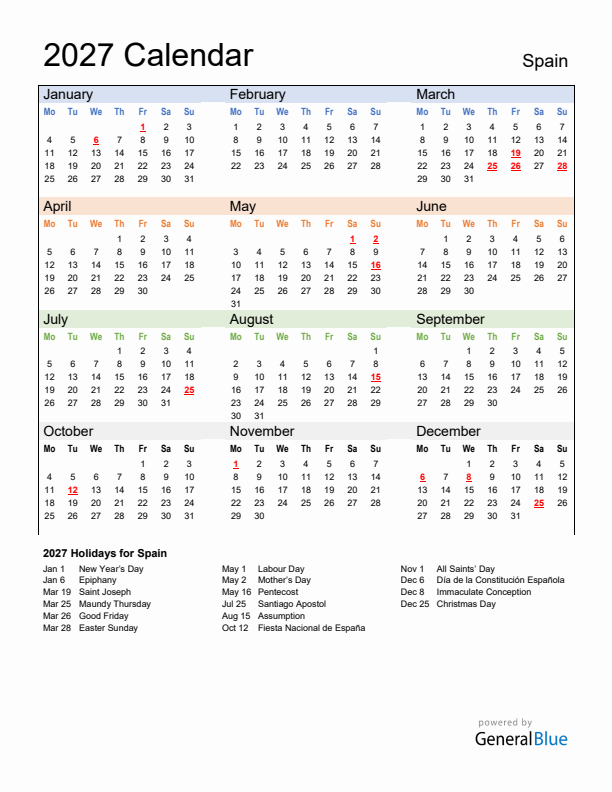 Calendar 2027 with Spain Holidays