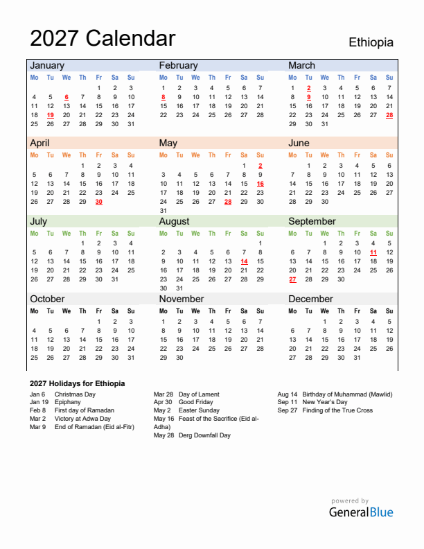 Calendar 2027 with Ethiopia Holidays