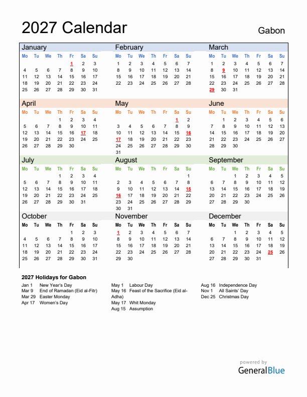 Calendar 2027 with Gabon Holidays