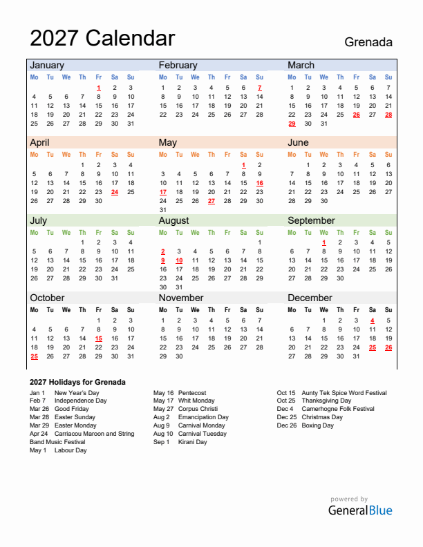 Calendar 2027 with Grenada Holidays