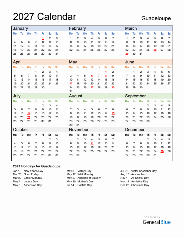 Calendar 2027 with Guadeloupe Holidays