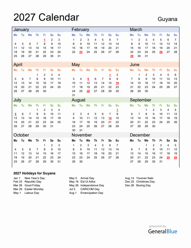 Calendar 2027 with Guyana Holidays