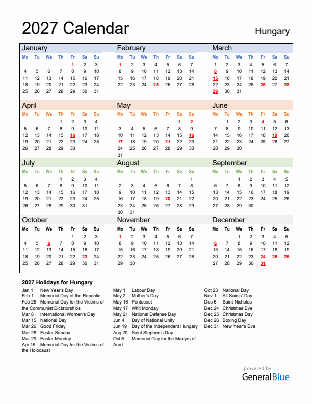 Calendar 2027 with Hungary Holidays