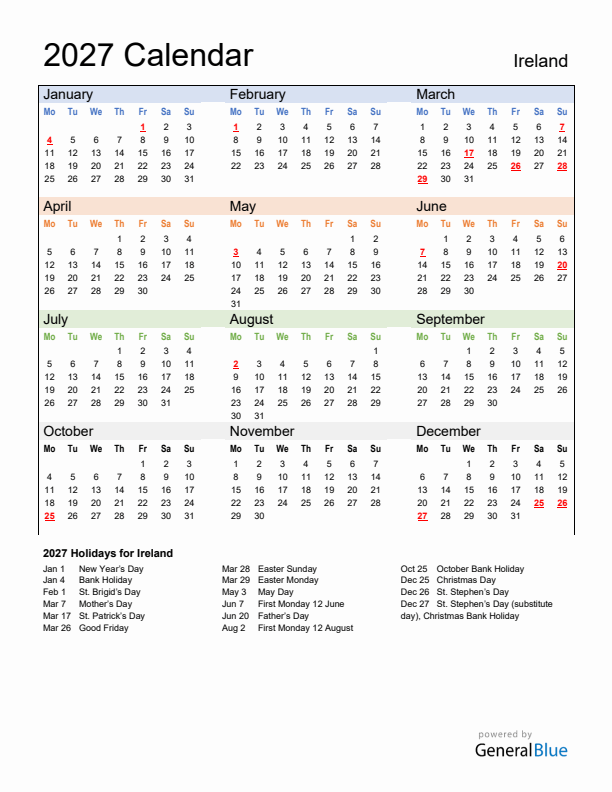 Calendar 2027 with Ireland Holidays