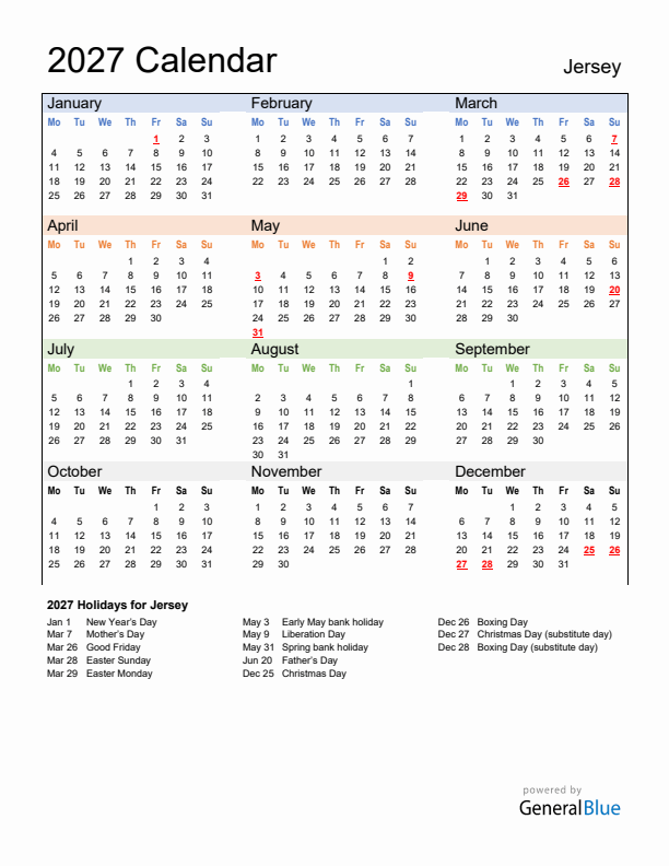 Calendar 2027 with Jersey Holidays