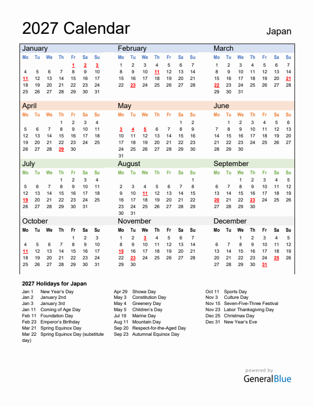 Calendar 2027 with Japan Holidays