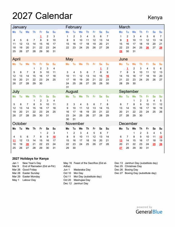 Calendar 2027 with Kenya Holidays