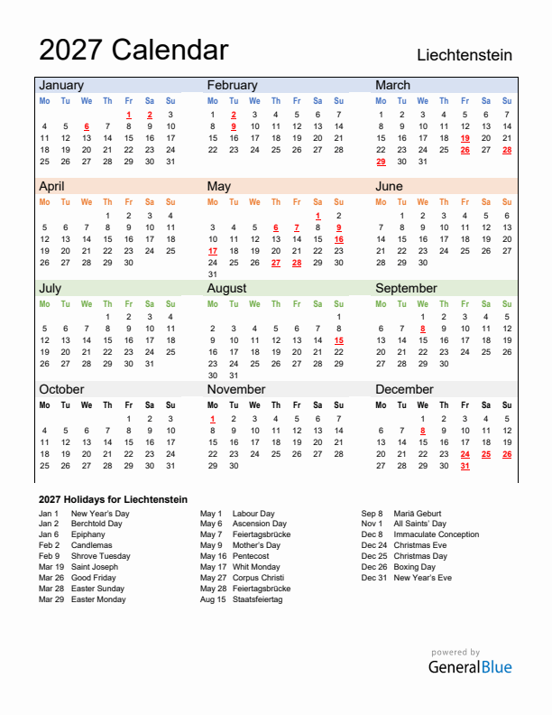 Calendar 2027 with Liechtenstein Holidays