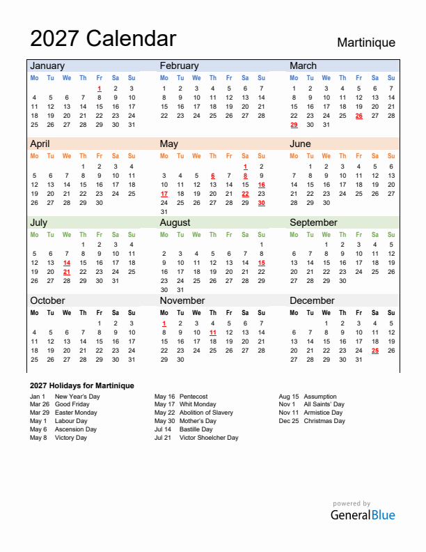 Calendar 2027 with Martinique Holidays