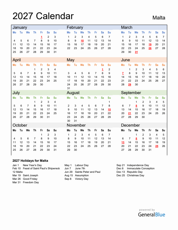 Calendar 2027 with Malta Holidays