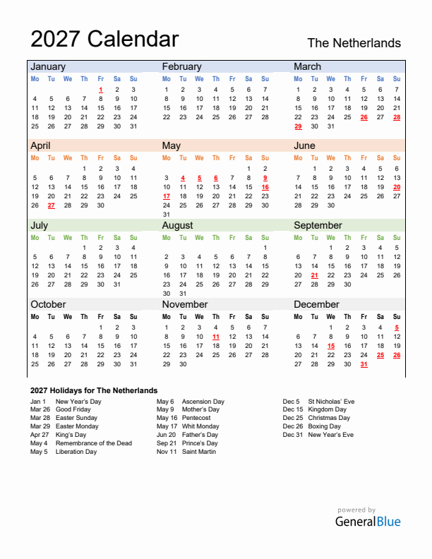 Calendar 2027 with The Netherlands Holidays