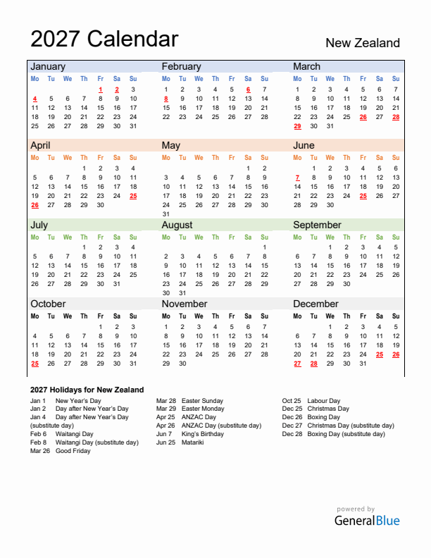 Calendar 2027 with New Zealand Holidays