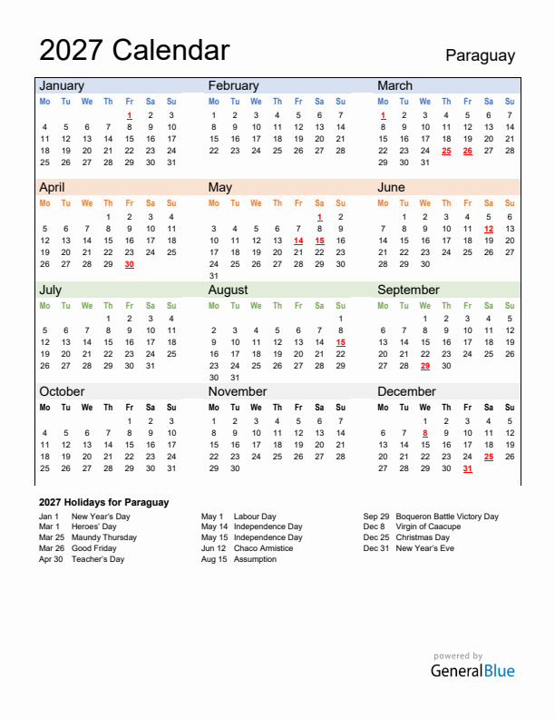 Calendar 2027 with Paraguay Holidays