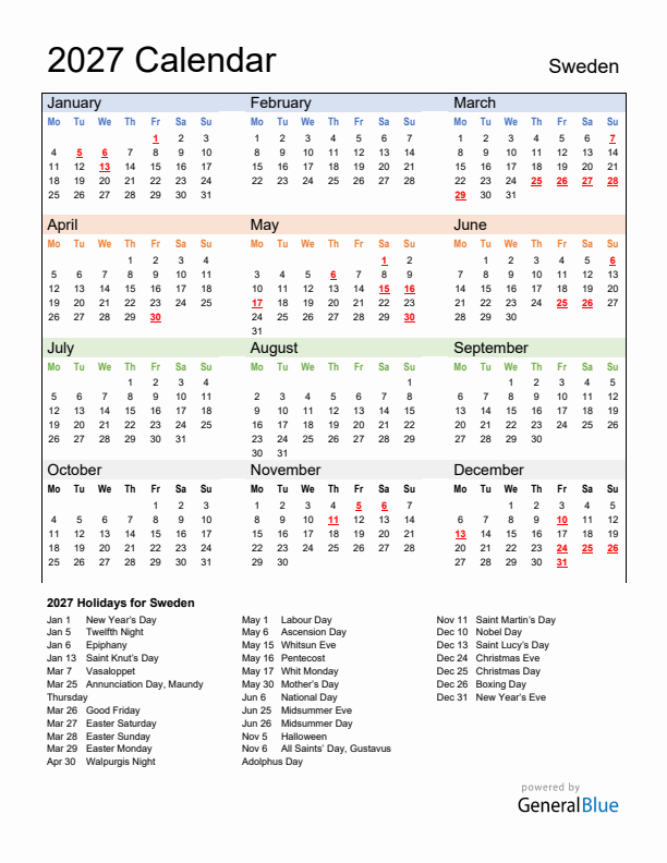 Calendar 2027 with Sweden Holidays