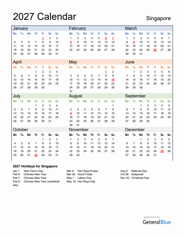 Calendar 2027 with Singapore Holidays