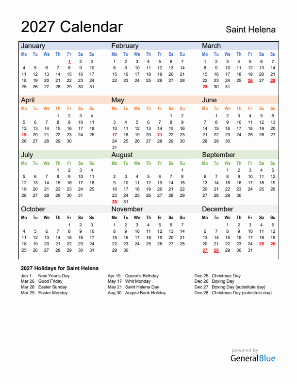 Calendar 2027 with Saint Helena Holidays