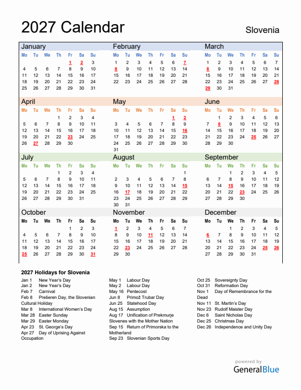 Calendar 2027 with Slovenia Holidays