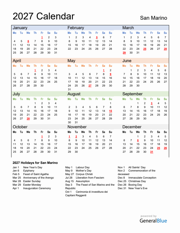 Calendar 2027 with San Marino Holidays