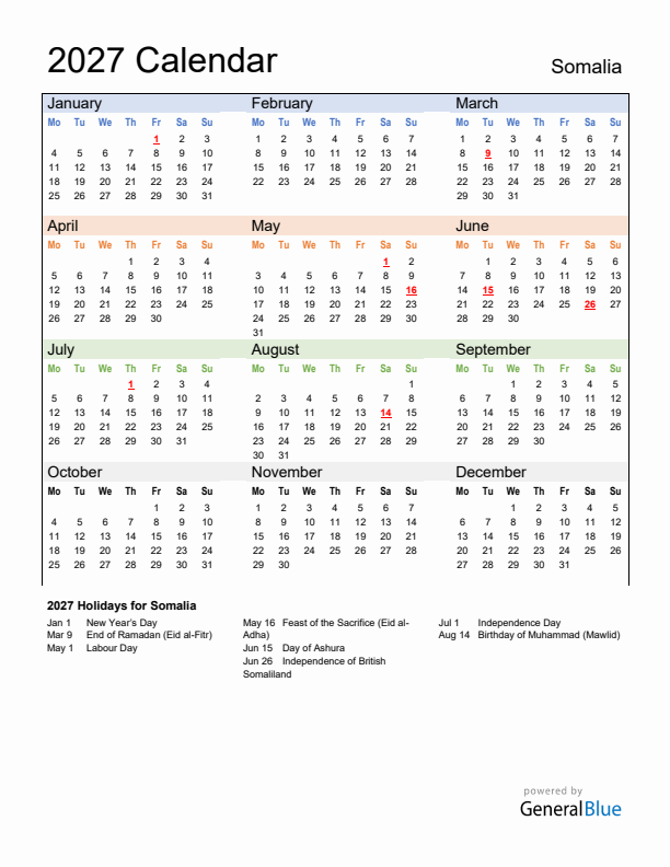 Calendar 2027 with Somalia Holidays