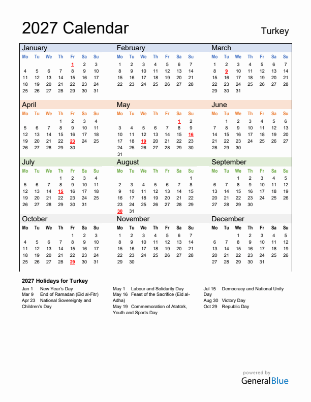 Calendar 2027 with Turkey Holidays