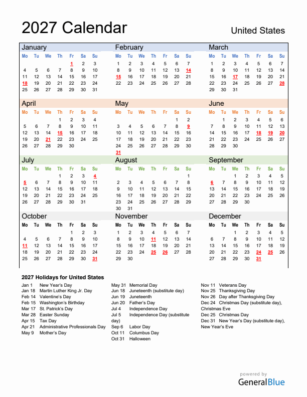 Calendar 2027 with United States Holidays