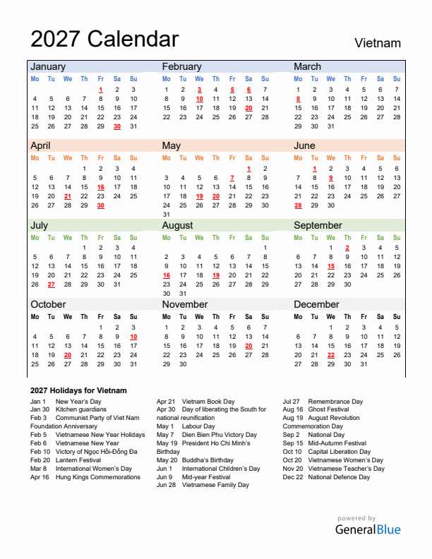 Calendar 2027 with Vietnam Holidays