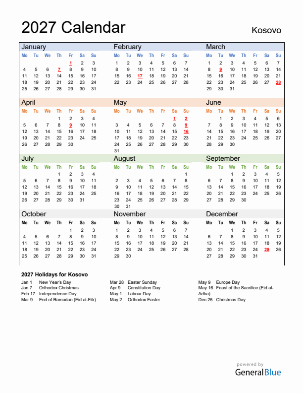 Calendar 2027 with Kosovo Holidays