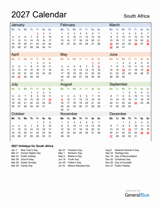 Calendar 2027 with South Africa Holidays