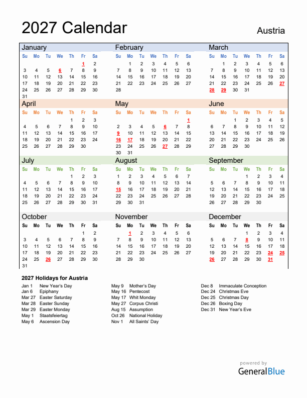 Calendar 2027 with Austria Holidays