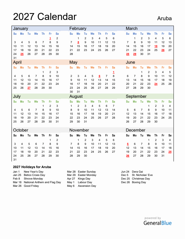 Calendar 2027 with Aruba Holidays