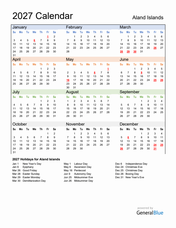 Calendar 2027 with Aland Islands Holidays