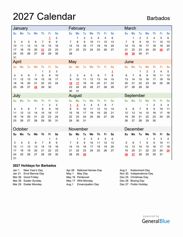 Calendar 2027 with Barbados Holidays