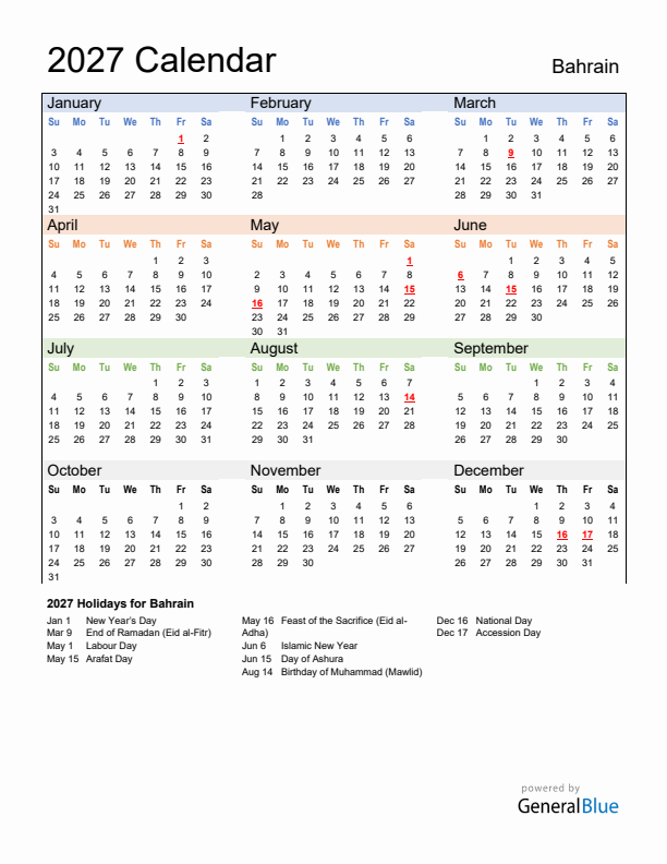 Calendar 2027 with Bahrain Holidays