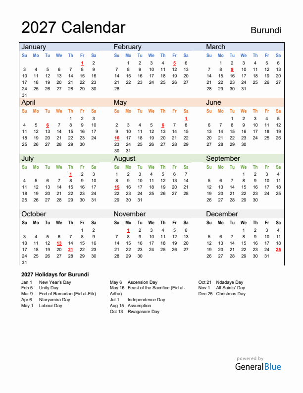 Calendar 2027 with Burundi Holidays