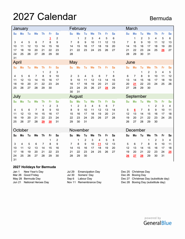 Calendar 2027 with Bermuda Holidays