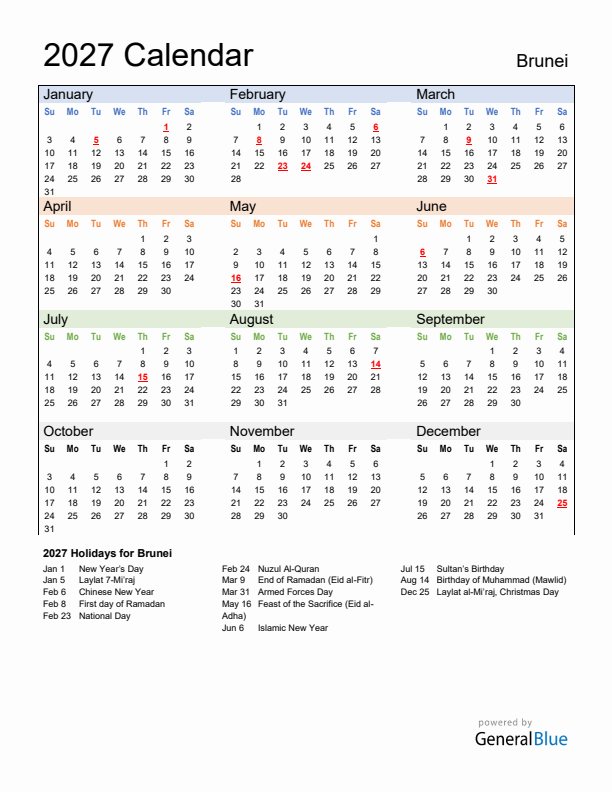 Calendar 2027 with Brunei Holidays