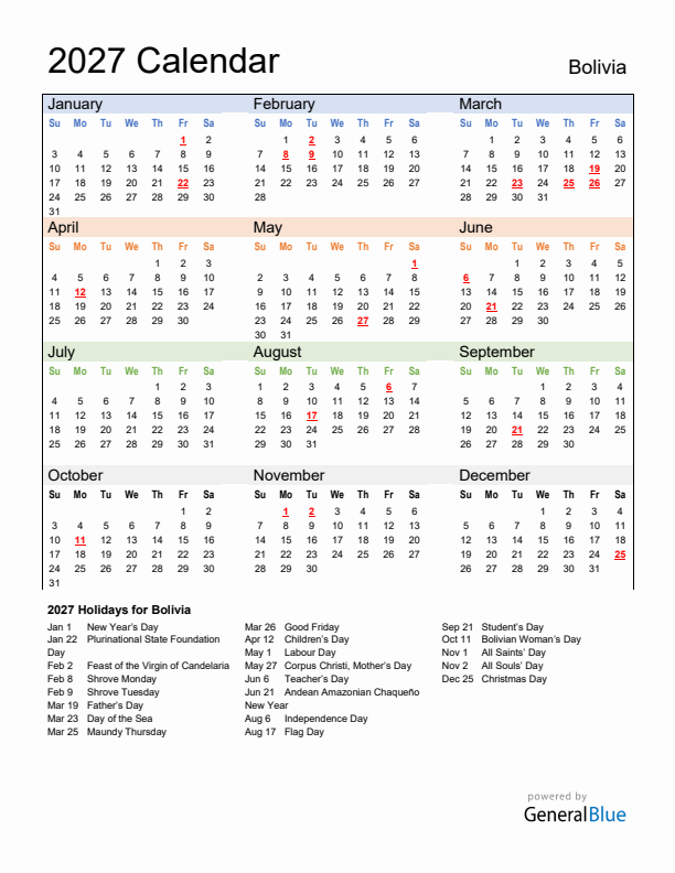 Calendar 2027 with Bolivia Holidays