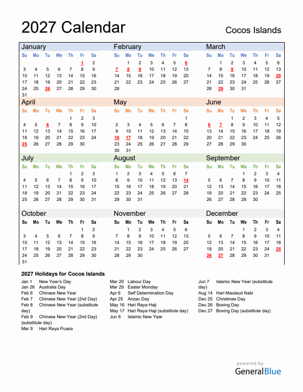 Calendar 2027 with Cocos Islands Holidays