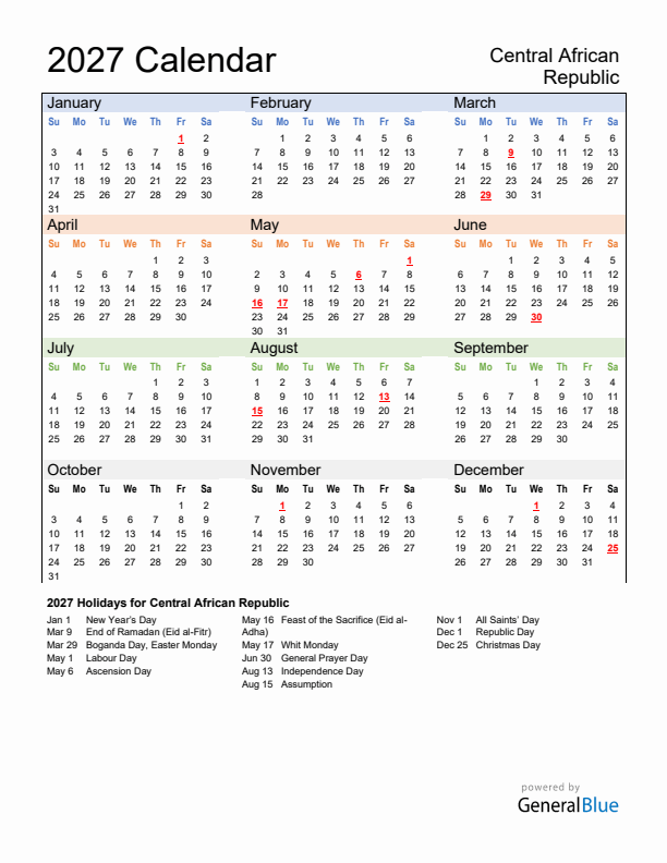 Calendar 2027 with Central African Republic Holidays