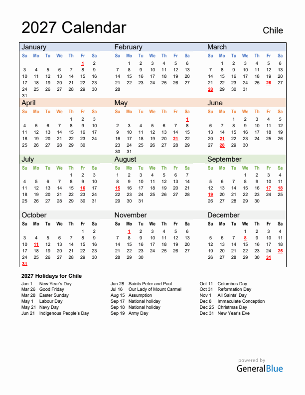 Calendar 2027 with Chile Holidays