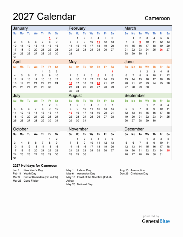 Calendar 2027 with Cameroon Holidays