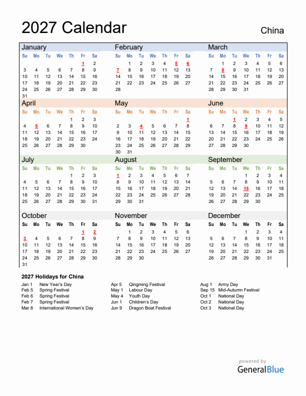 Calendar 2027 with China Holidays