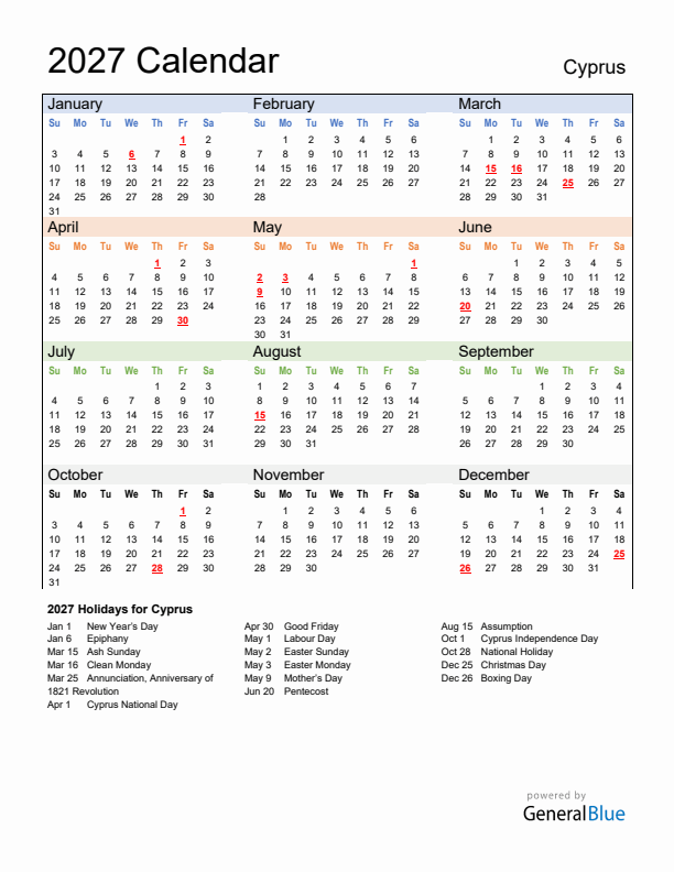 Calendar 2027 with Cyprus Holidays