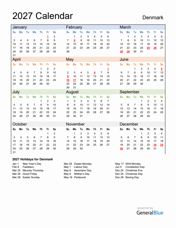 Calendar 2027 with Denmark Holidays