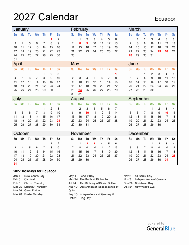 Calendar 2027 with Ecuador Holidays