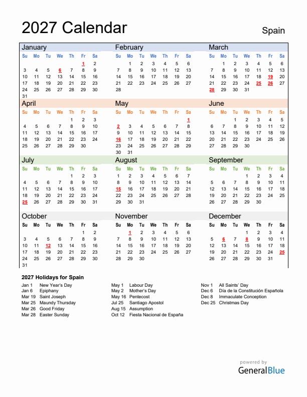 Calendar 2027 with Spain Holidays