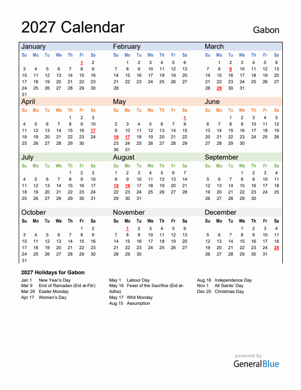 Calendar 2027 with Gabon Holidays